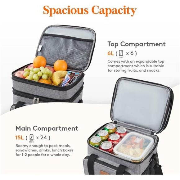 Lunch Box for Men Women Double Deck Lunch Bag, Large Insulated Soft Cooler Bag - Picture 3 of 7